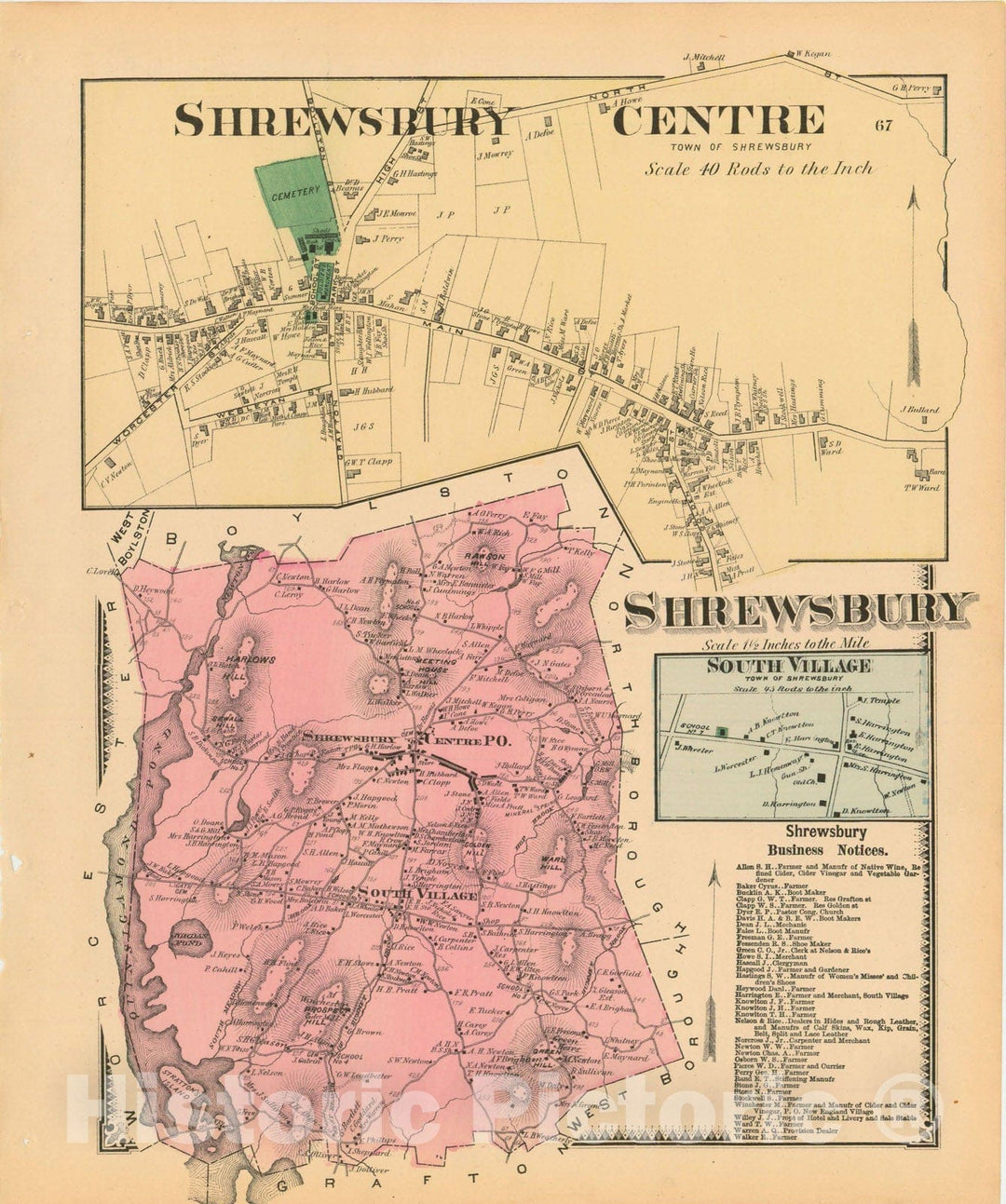 Historic Map : Atlas of Worcester County, Massachsuetts, Shrewsbury 1870 , Vintage Wall Art