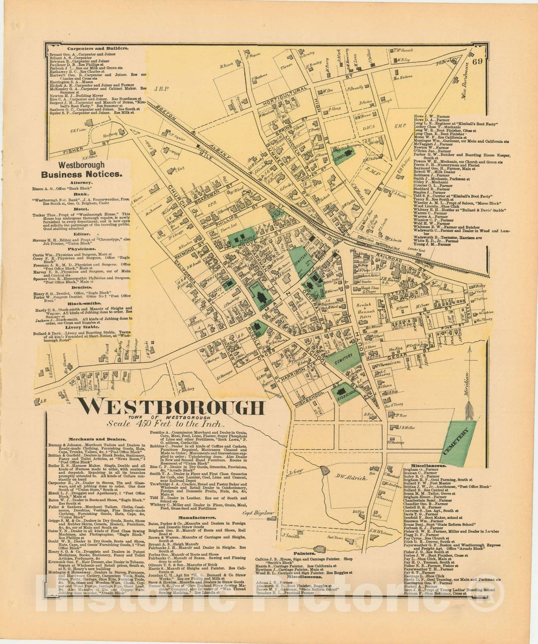 Historic Map : Atlas of Worcester County, Massachsuetts, Westborough 1870 , Vintage Wall Art