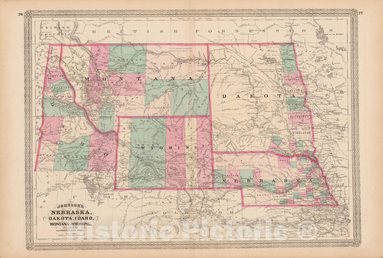 Historic Map : Idaho & Montana & Nebraska & North Dakota & South Dakota & Wyoming 1873 , Family Atlas World , Vintage Wall Art