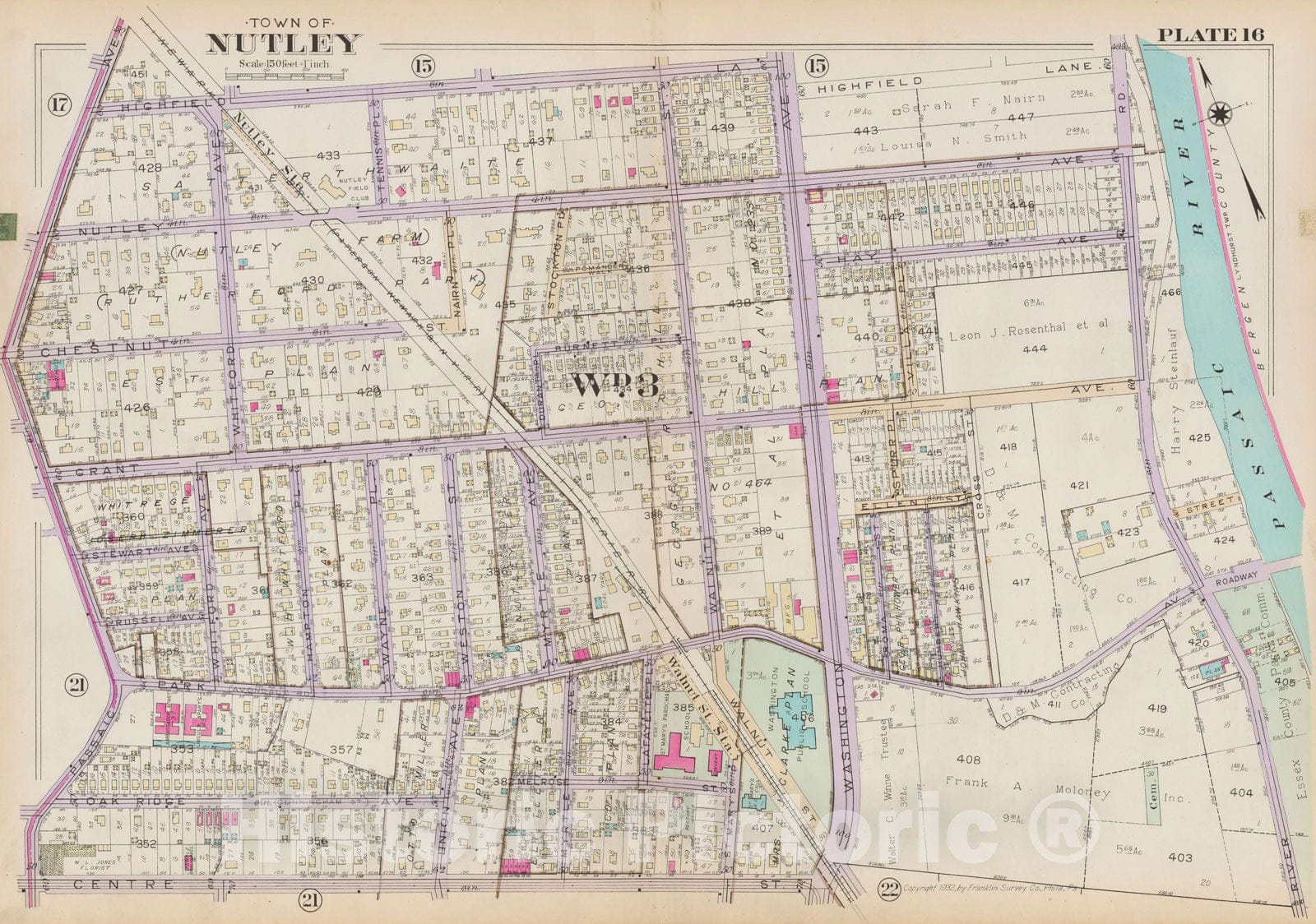 Historic Map : Atlas of Bloomfield, Belleville and Nutley; Essex County Vol D, Nutley 1932 Plate 016 , Vintage Wall Art
