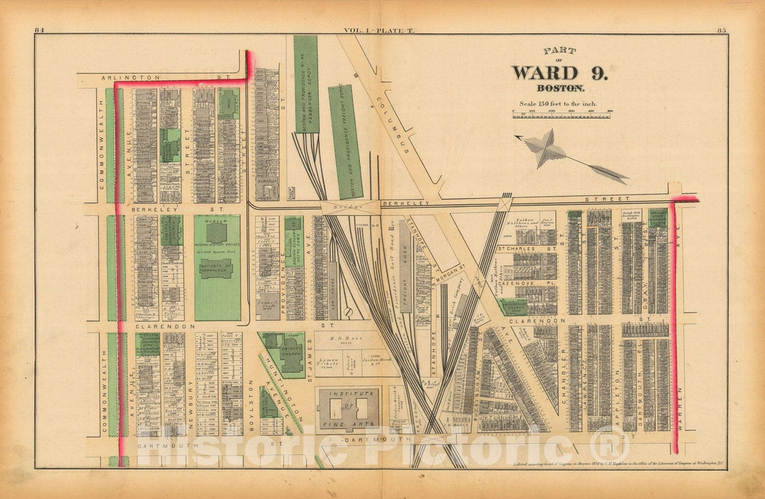 Historic Map : Atlas of County of Suffolk, MA Vol. 1 including Boston Proper, Boston 1874 Plate T , Vintage Wall Art