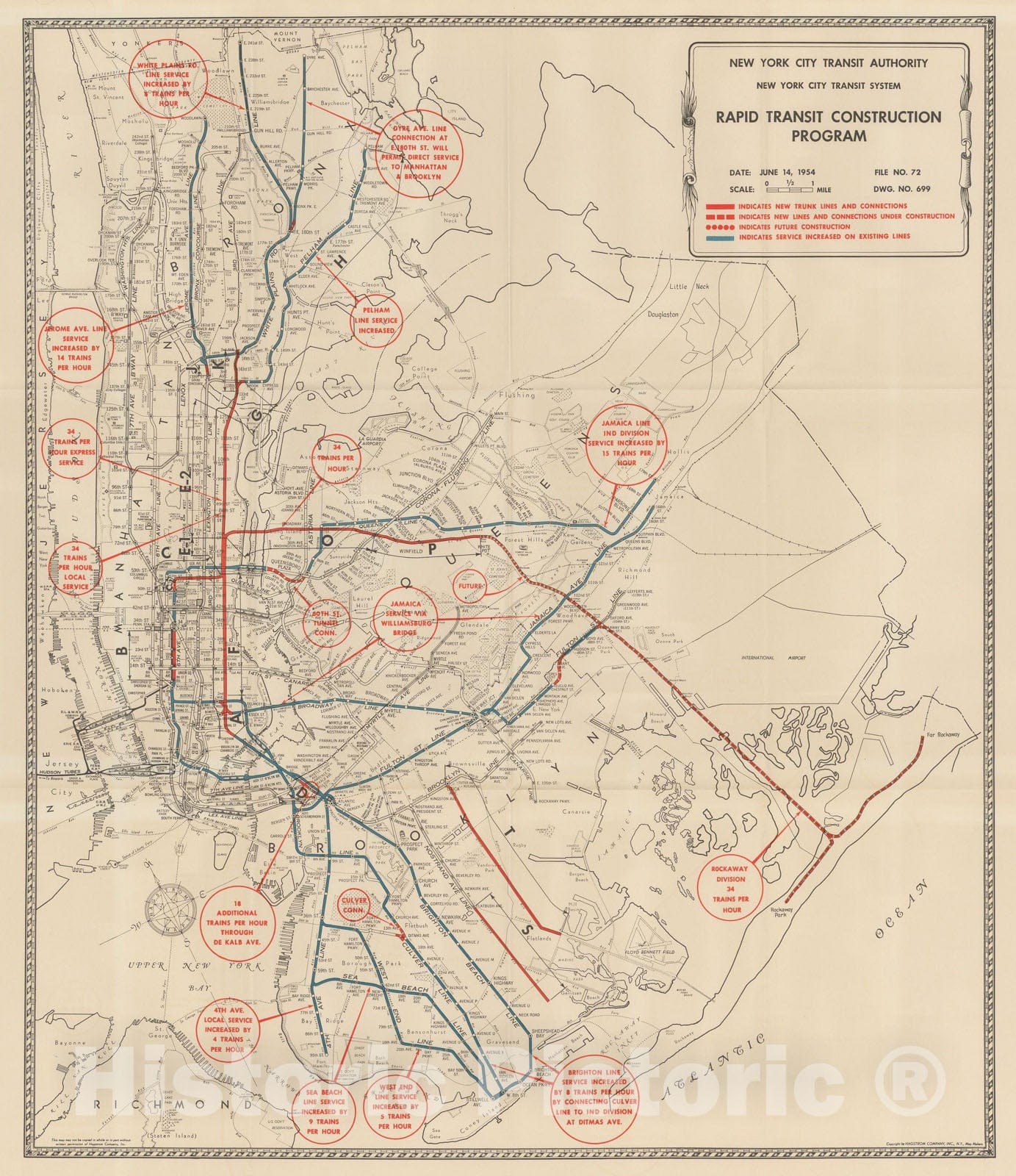 Historic Map : New York City Transit Maps, NYC Subway Rapid Transit Construction Program 1954 Railroad Catography , Vintage Wall Art