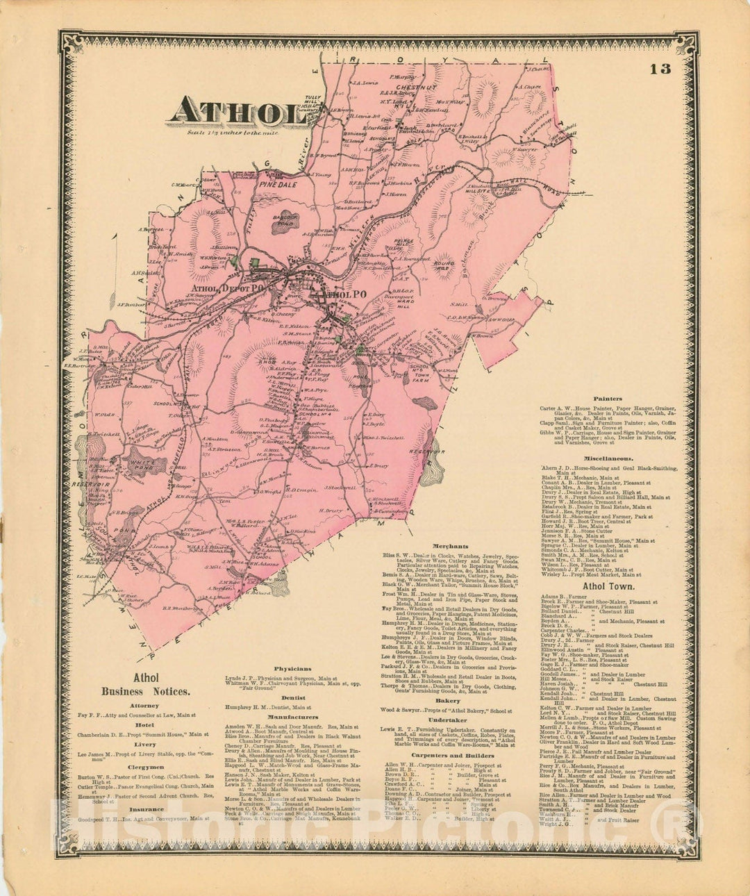 Historic Map : Atlas of Worcester County, Massachsuetts, Athol 1870 , Vintage Wall Art