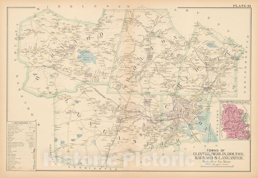 Historic Map : New Topo Atlas County of Worcester, Berlin & Bolton & Clinton & Harvard & Lancaster 1898 Plate 033 , Vintage Wall Art