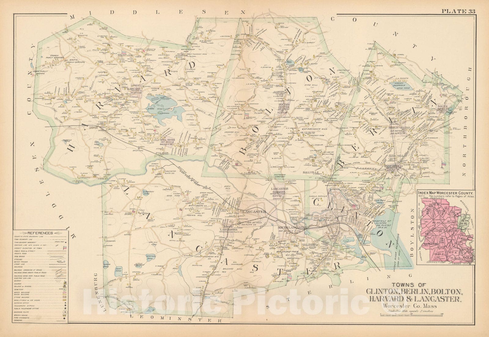 Historic Map : New Topo Atlas County of Worcester, Berlin & Bolton & Clinton & Harvard & Lancaster 1898 Plate 033 , Vintage Wall Art