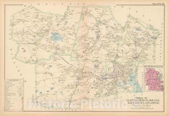 Historic Map : New Topo Atlas County of Worcester, Berlin & Bolton & Clinton & Harvard & Lancaster 1898 Plate 033 , Vintage Wall Art