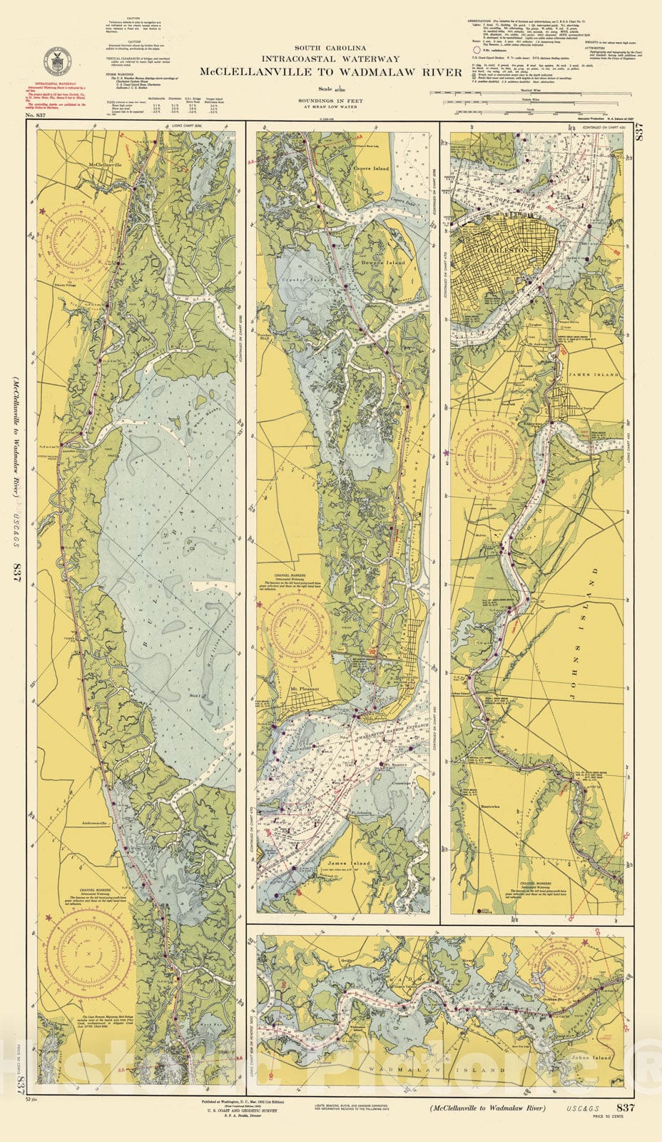Historic Map : Coastal Charts - SC Intracoastal: McClellanville to Wadmalaw R 1948 , Vintage Wall Art
