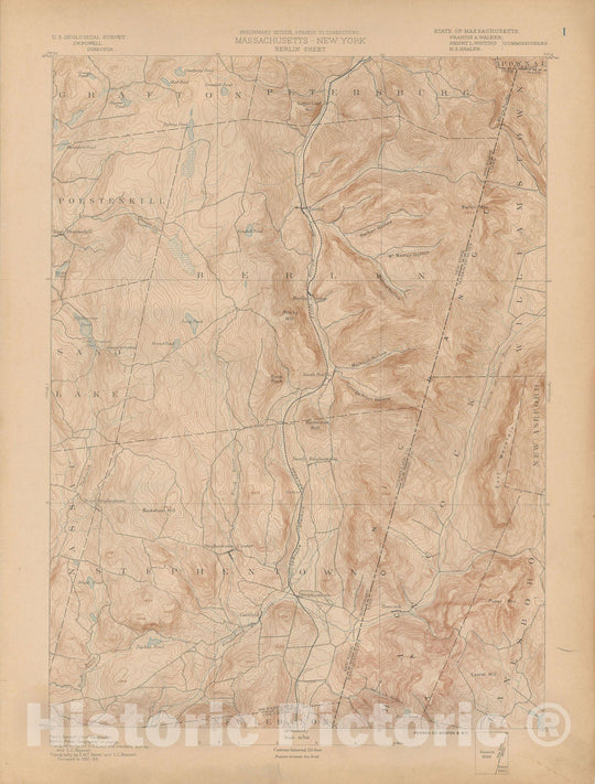 Historic Map : Atlas of Massachusetts, Berlin & Hancock & Lanesboro & Stephentown & Williamstown 1890 Page 001 , Vintage Wall Art