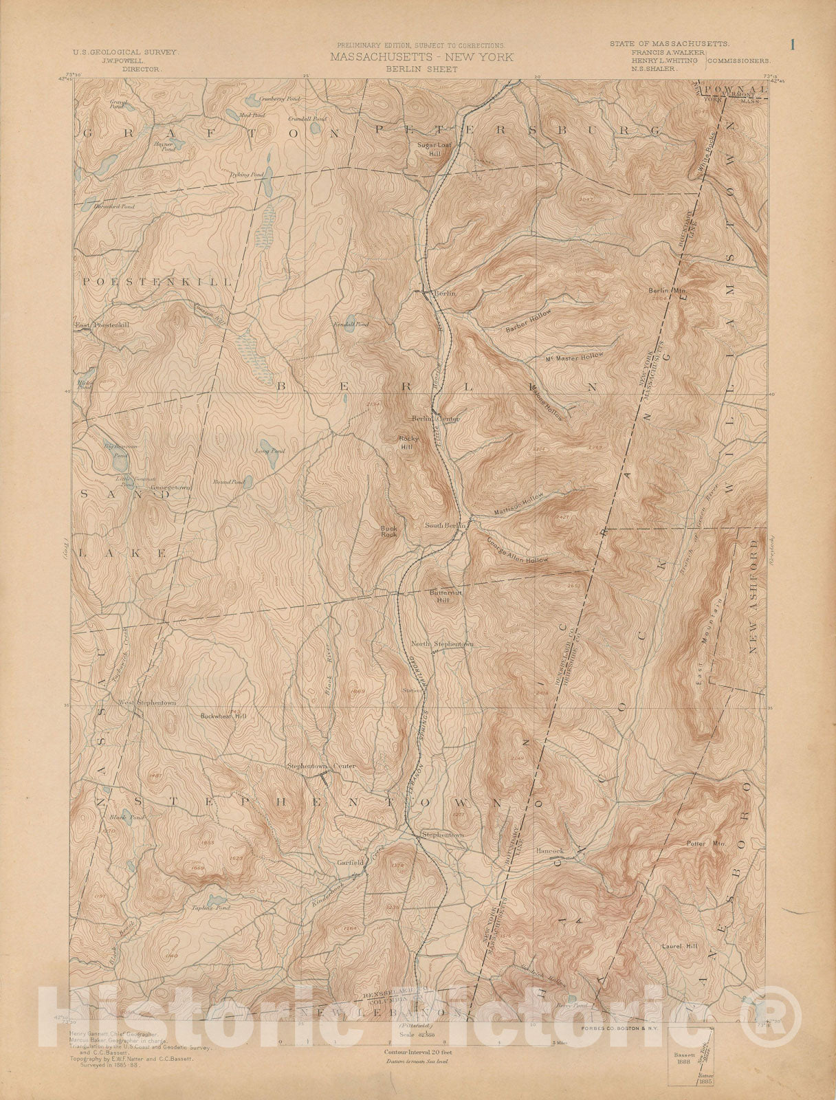 Historic Map : Atlas of Massachusetts, Berlin & Hancock & Lanesboro & Stephentown & Williamstown 1890 Page 001 , Vintage Wall Art