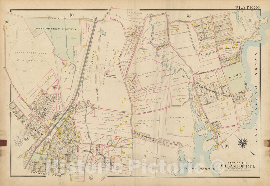Historic Map : Atlas of Westchester County, NY, Vol. 1, Rye 1910 Plate 034 , Vintage Wall Art