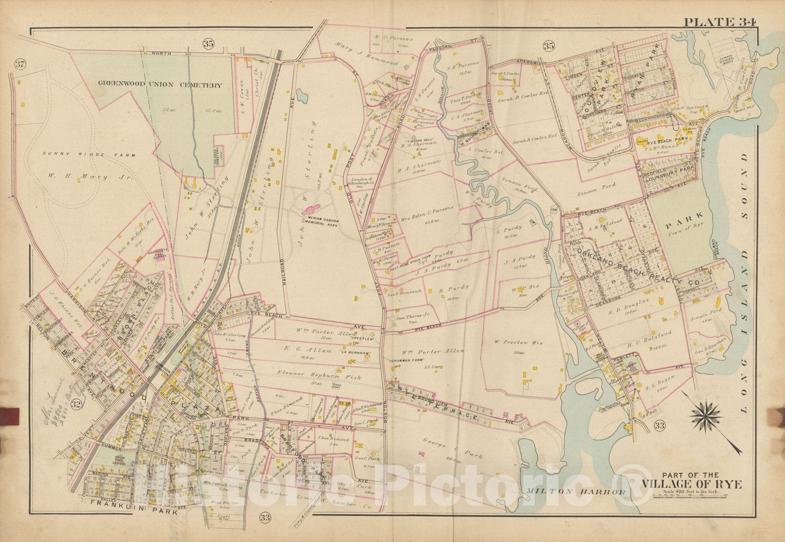 Historic Map : Atlas of Westchester County, NY, Vol. 1, Rye 1910 Plate 034 , Vintage Wall Art