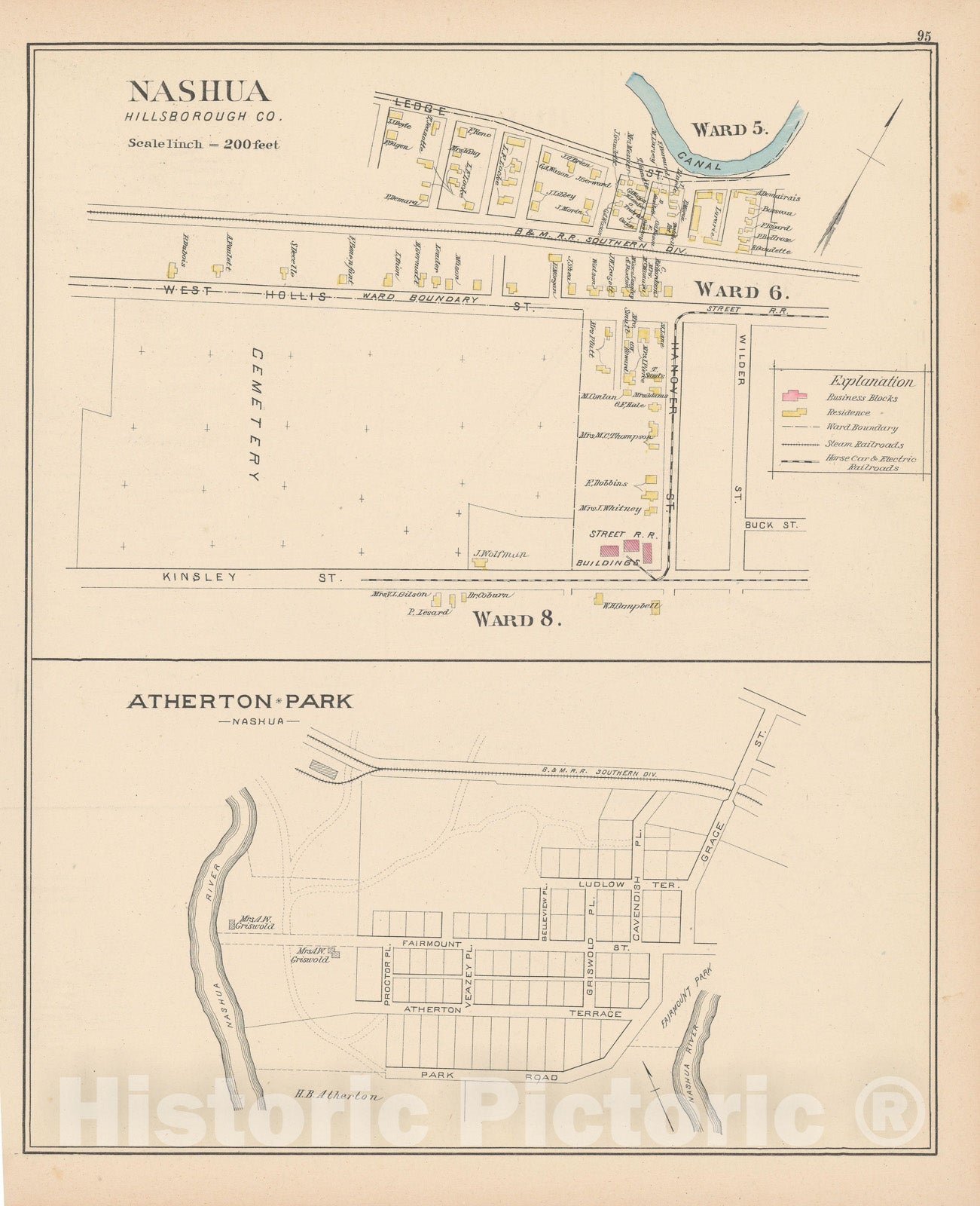 Historic Map : Nashua 1892 , Town and City Atlas State of New Hampshire , v7, Vintage Wall Art