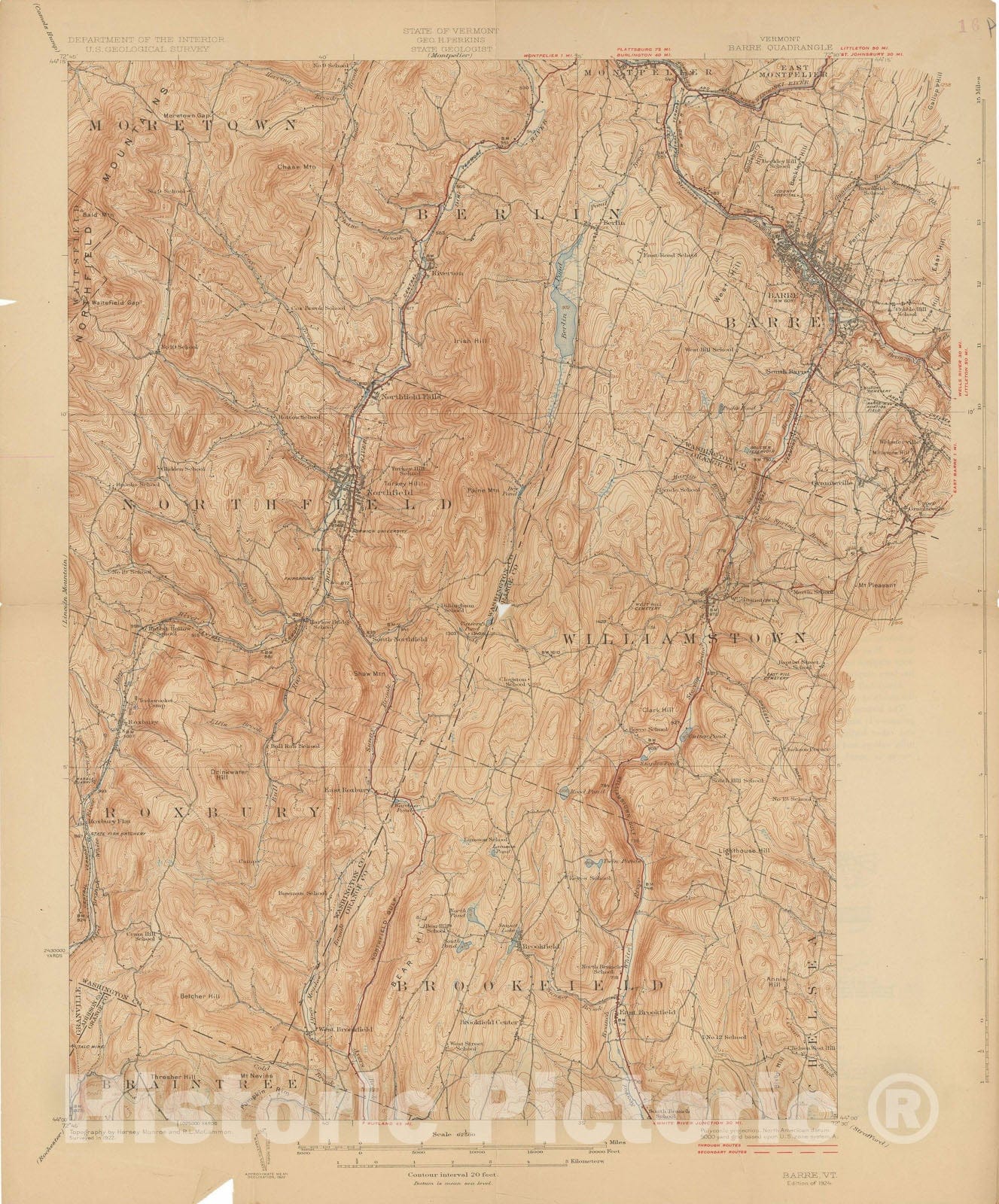 Historic Map : USGS 7.5 Minute Quadrangles, Barre & Berlin & Brookfield & Northfield & Roxbury & Williamstown 1924 Topographic Map , Vintage Wall Art