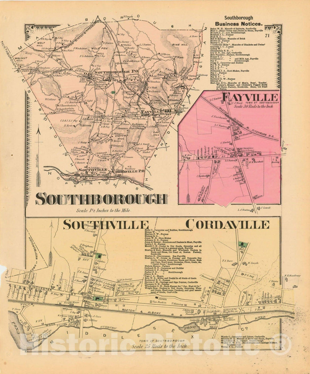 Historic Map : Atlas of Worcester County, Massachsuetts, Southborough 1870 , Vintage Wall Art