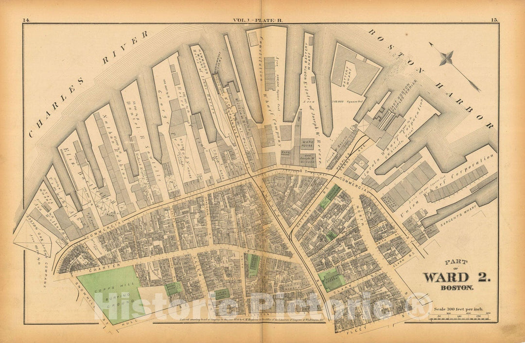 Historic Map : Atlas of County of Suffolk, MA Vol. 1 including Boston Proper, Boston 1874 Plate B , Vintage Wall Art