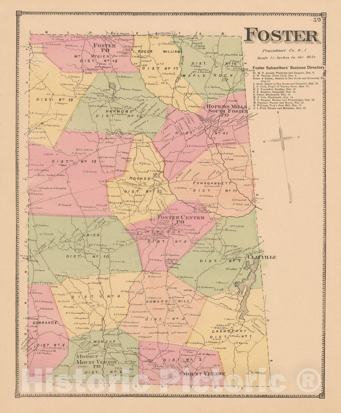 Historic Map : Atlas State of Rhode Island, Foster 1870 , Vintage Wall Art