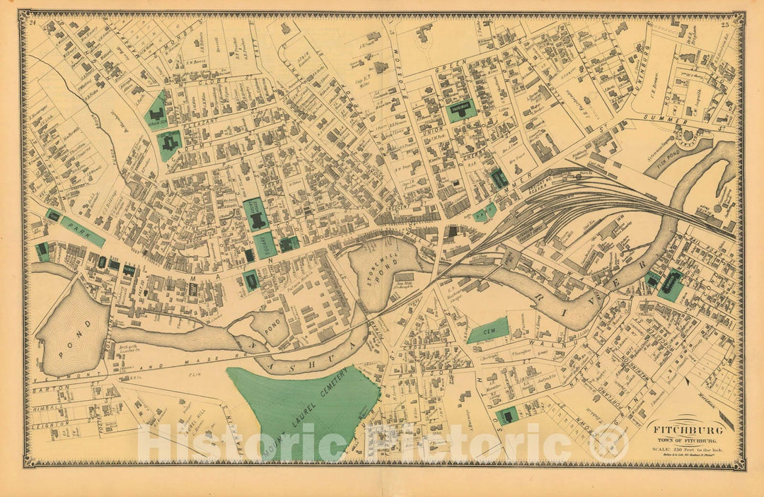 Historic Map : Atlas of Worcester County, Massachsuetts, Fitchburg 1870 , v2, Vintage Wall Art