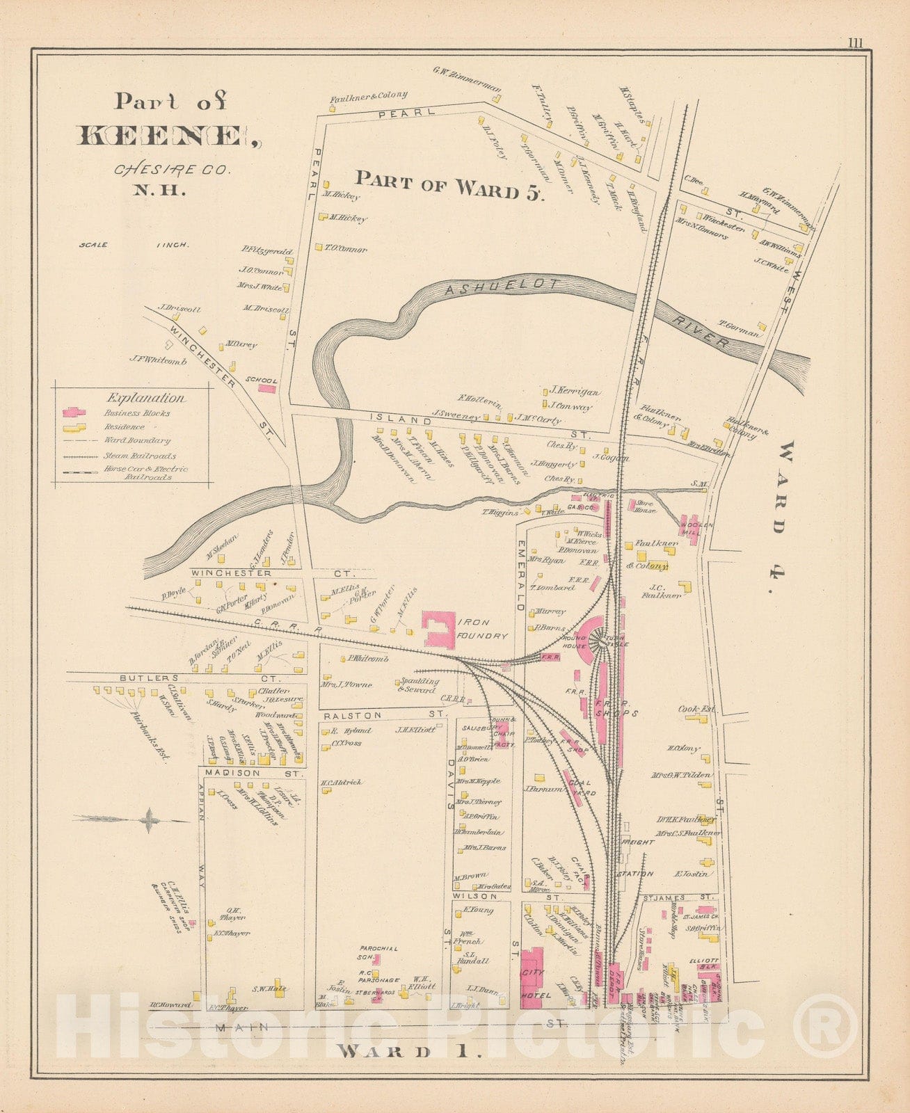Historic Map : Keene 1892 , Town and City Atlas State of New Hampshire , v5, Vintage Wall Art