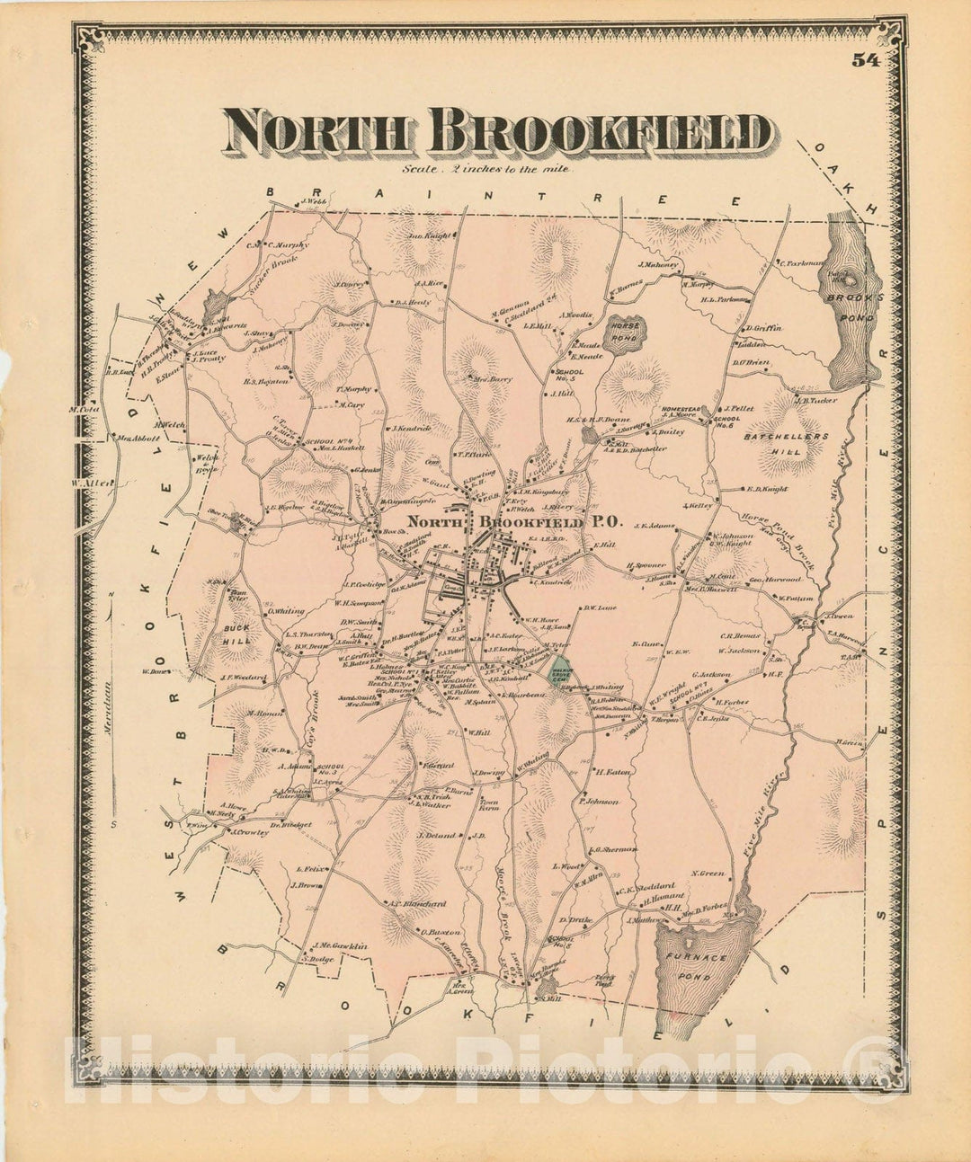 Historic Map : Atlas of Worcester County, Massachsuetts, North Brookfield 1870 , Vintage Wall Art