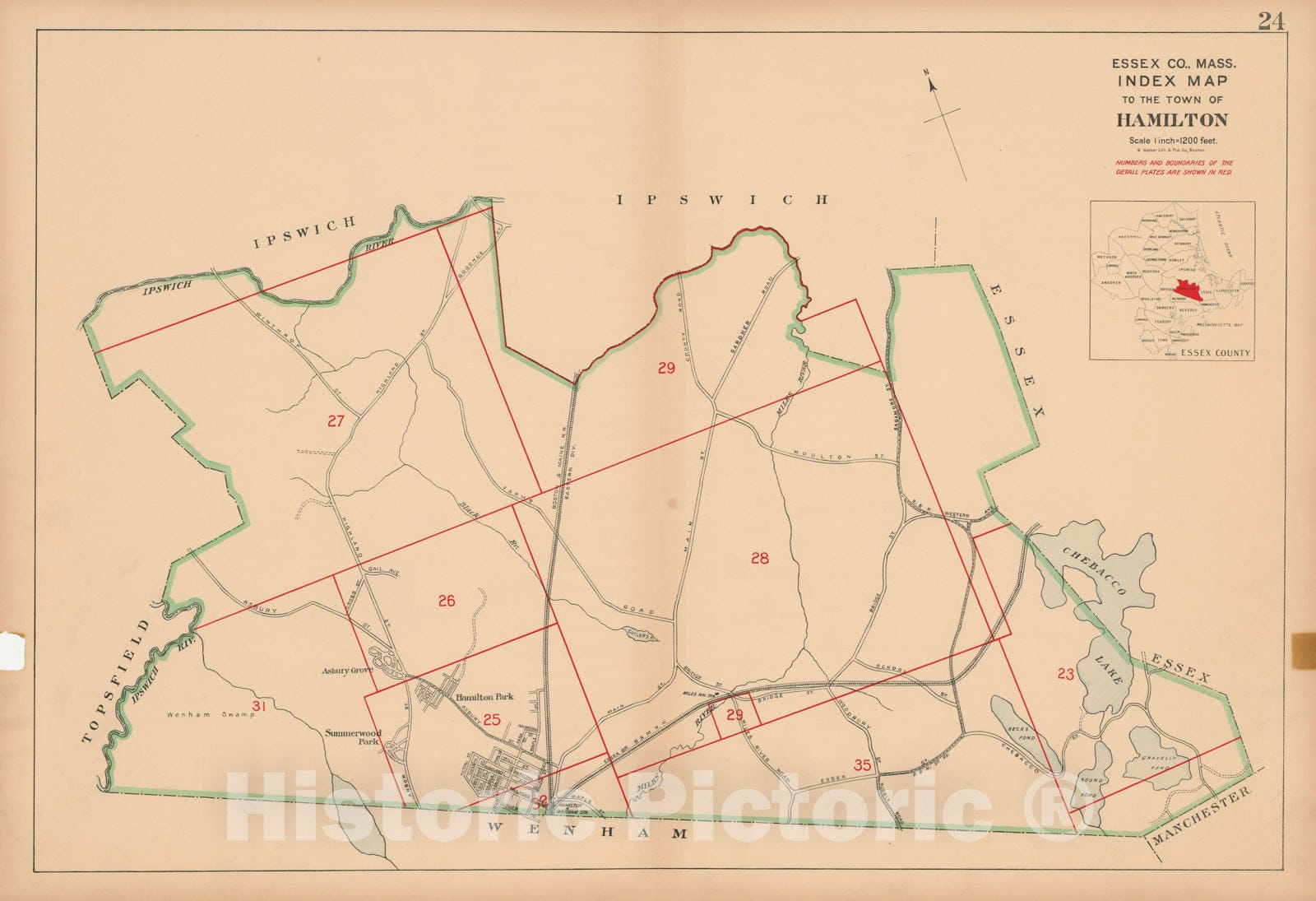 Historic Map : Atlas Towns of Topsfield, Ipswich, Essex, Hamilton and Wenham, Essex County, MA, Hamilton 1910 Plate 024 , Vintage Wall Art