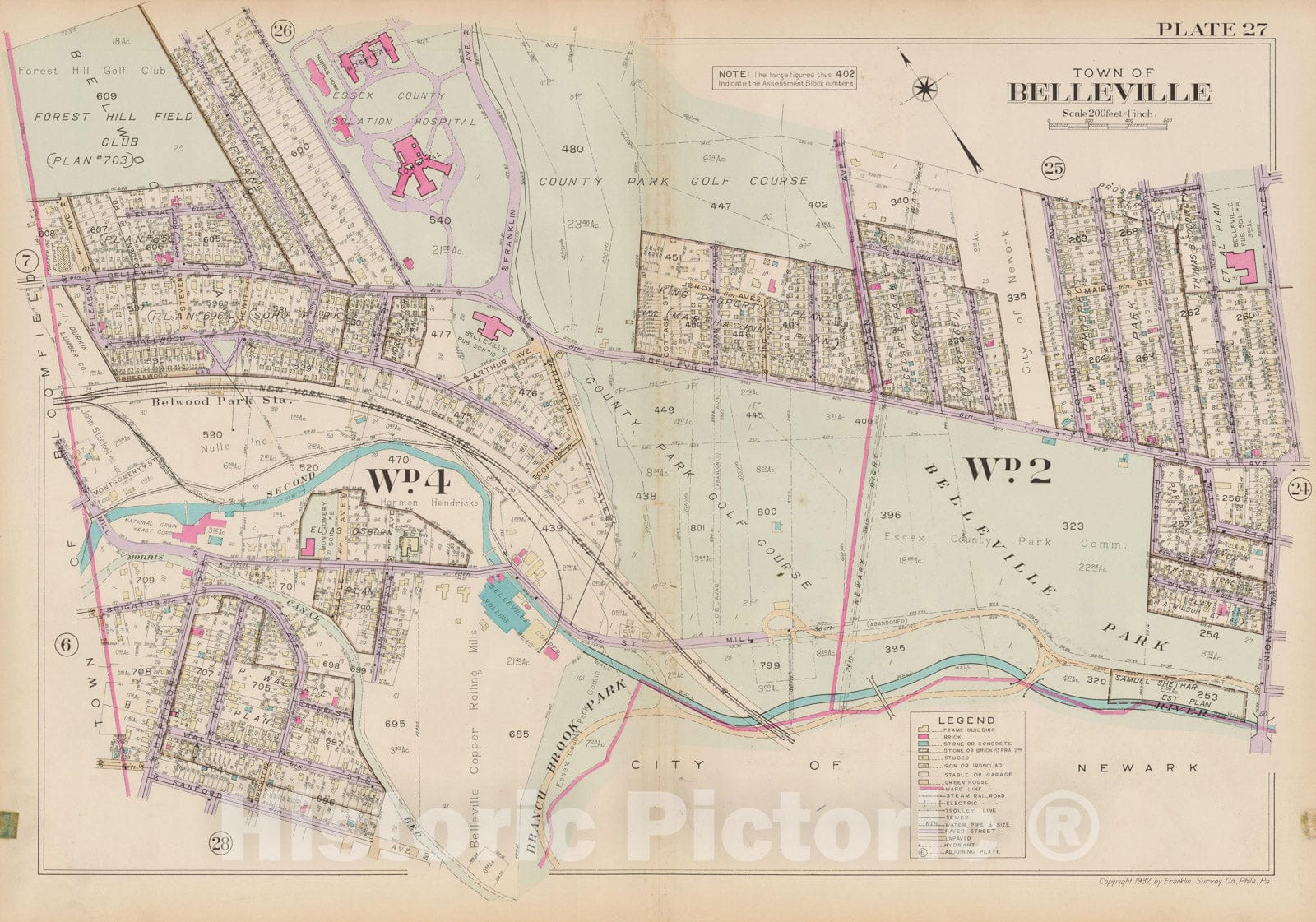 Historic Map : Atlas of Bloomfield, Belleville and Nutley; Essex County Vol D, Belleville 1932 Plate 027 , Vintage Wall Art