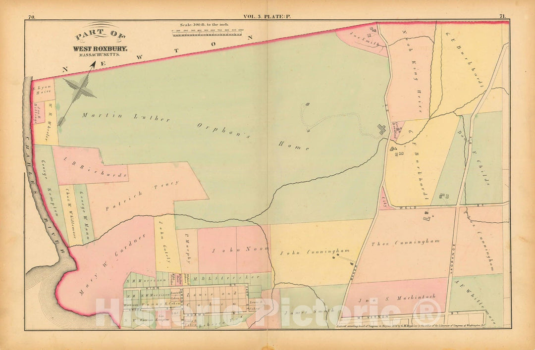 Historic Map : Atlas of County of Suffolk, MA, Vol. 5th, West Roxbury 1874 Plate P , Vintage Wall Art