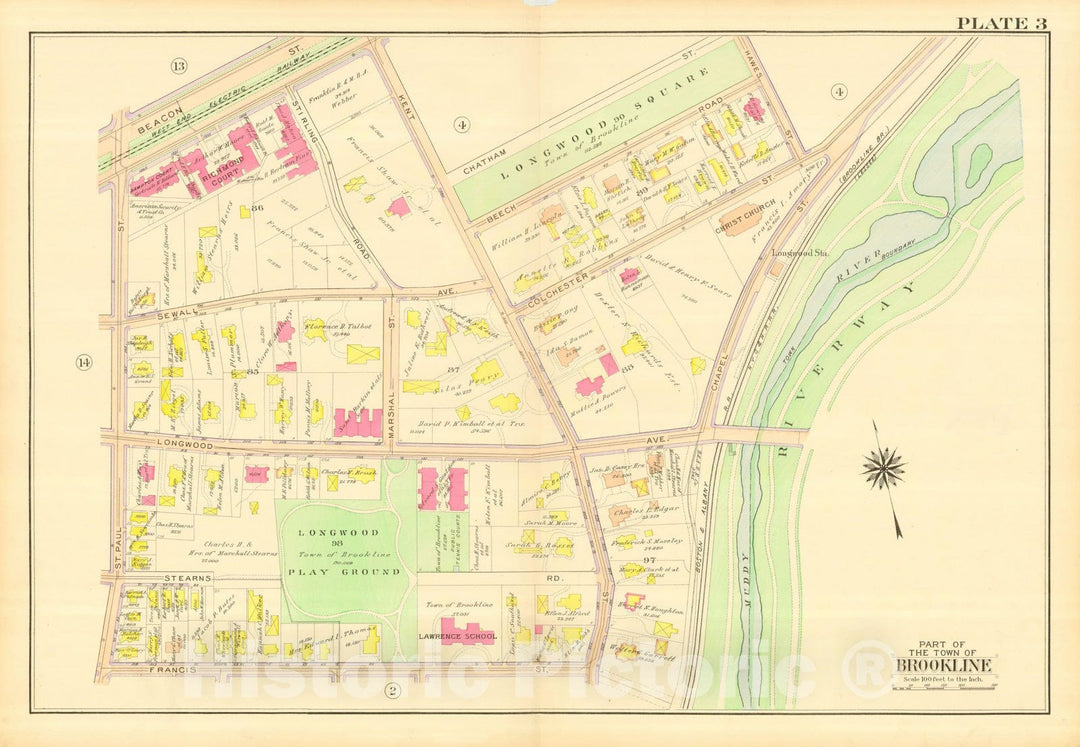Historic Map : Atlas Town of Brookline, Norfolk County Massachusetts, Brookline 1913 Plate 003 , Vintage Wall Art