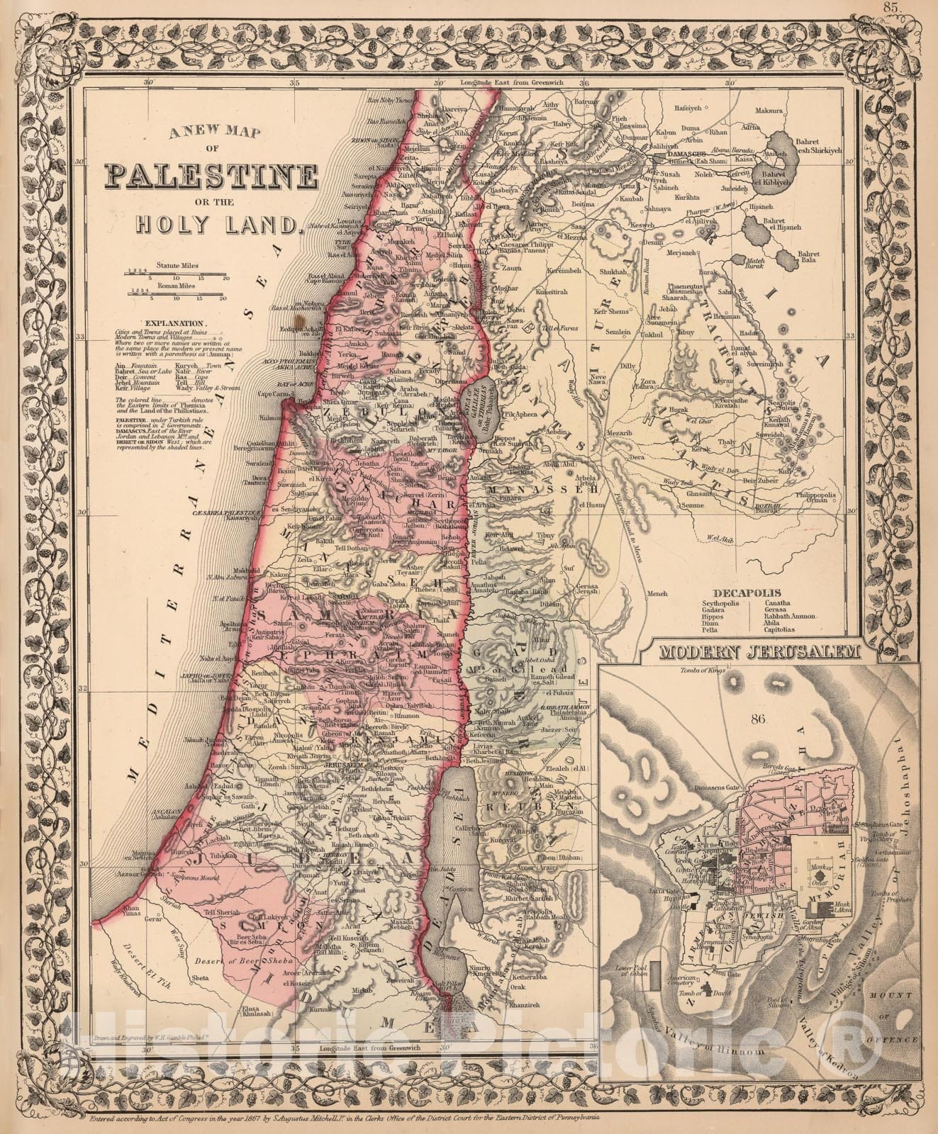 Historic Map : Israel & Jordan & Palestine 1867 , New General Atlas , -  Historic Pictoric