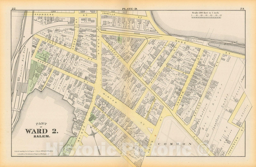 Historic Map : Atlas City of Salem, Massachusetts, Salem 1874 Plate D , Vintage Wall Art