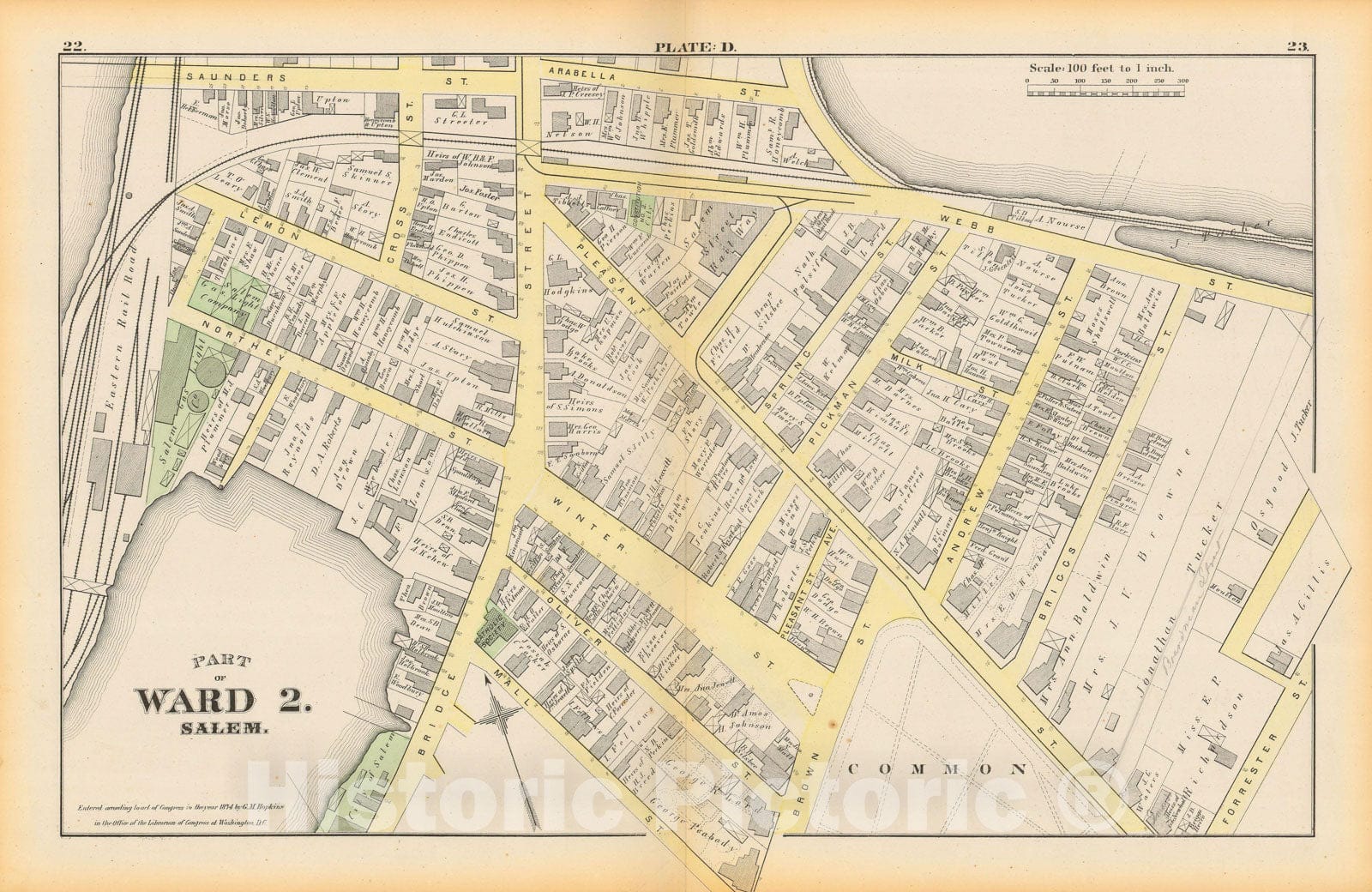 Historic Map : Atlas City of Salem, Massachusetts, Salem 1874 Plate D , Vintage Wall Art