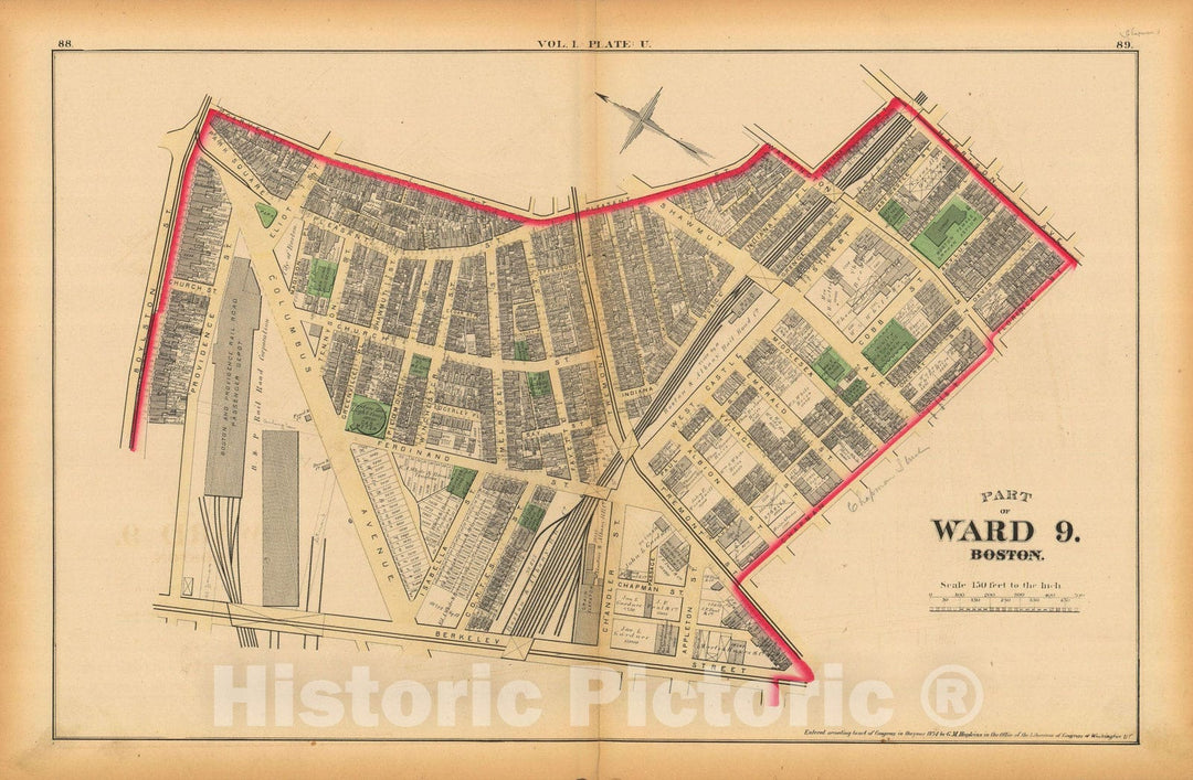 Historic Map : Atlas of County of Suffolk, MA Vol. 1 including Boston Proper, Boston 1874 Plate U , Vintage Wall Art