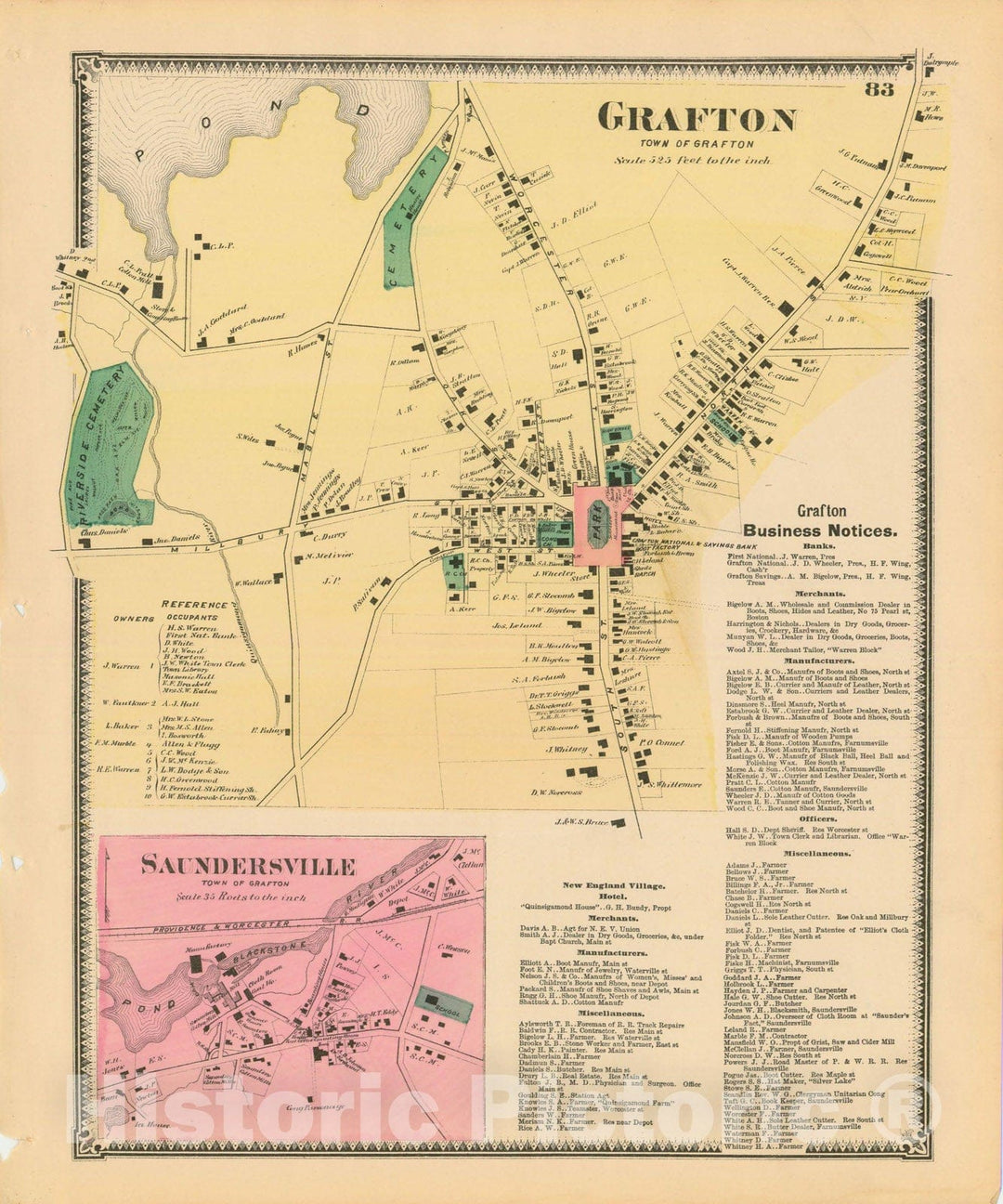 Historic Map : Atlas of Worcester County, Massachsuetts, Grafton 1870 , v2, Vintage Wall Art