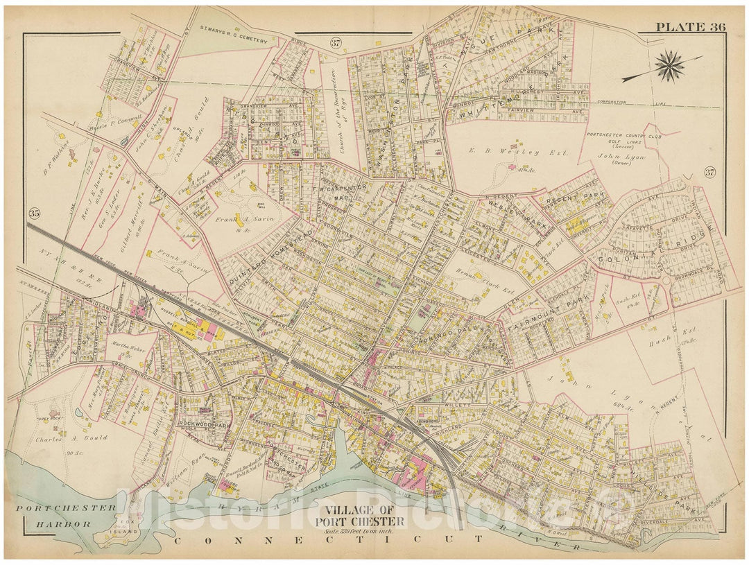 Historic Map : Atlas of Westchester County, NY, Vol. 1, Port Chester 1910 Plate 036 , Vintage Wall Art