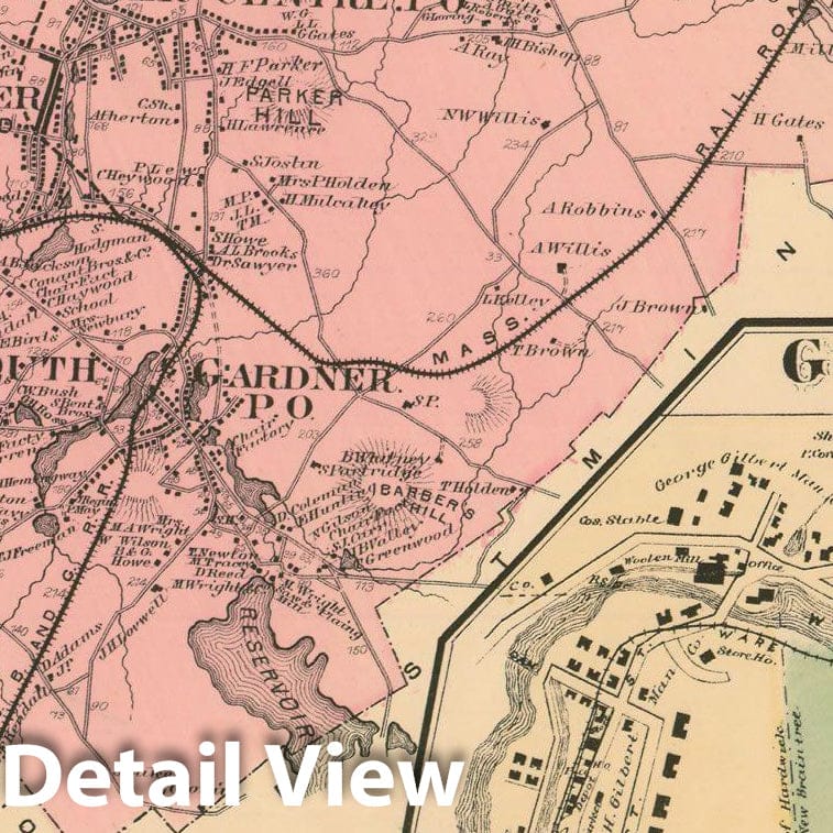 Historic Map : Atlas of Worcester County, Massachsuetts, Gardner 1870 , Vintage Wall Art