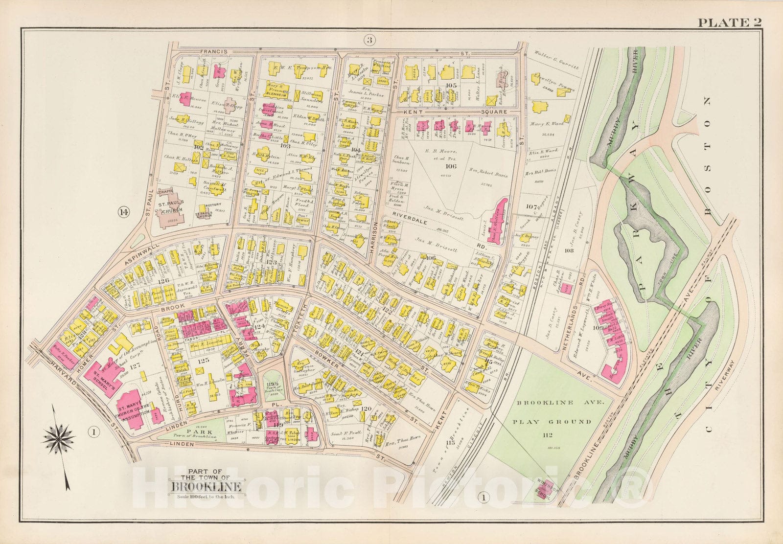 Historic Map : Atlas Town of Brookline, Brookline 1907 Plate 002 , Vintage Wall Art