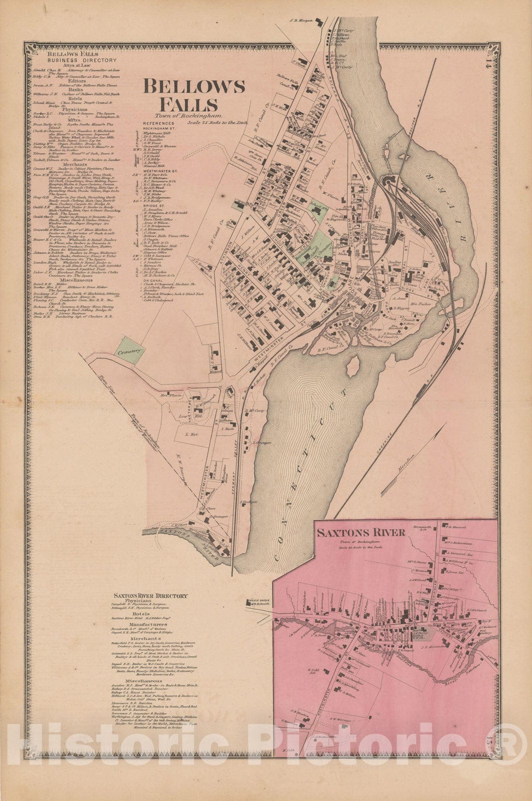 Historic Map : Atlas of Windham County, VT, Bellows Falls & Rockingham 1869 , Vintage Wall Art