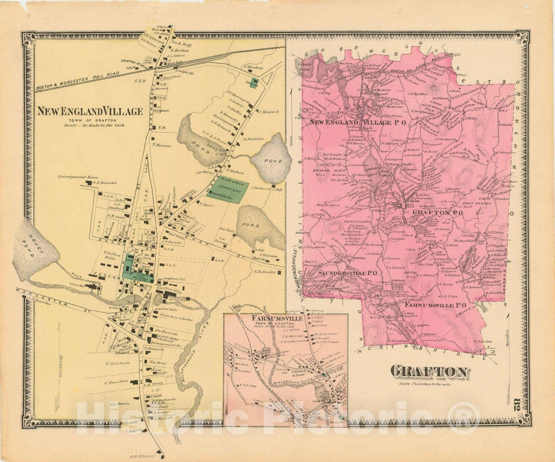 Historic Map : Atlas of Worcester County, Massachsuetts, Grafton 1870 , Vintage Wall Art