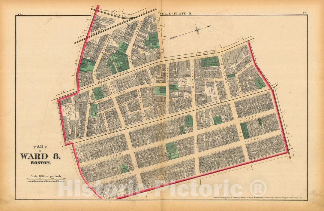 Historic Map : Atlas of County of Suffolk, MA Vol. 1 including Boston Proper, Boston 1874 Plate Q , Vintage Wall Art