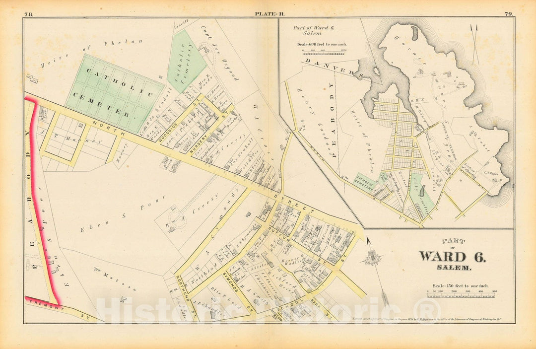 Historic Map : Atlas City of Salem, Massachusetts, Salem 1874 Plate R , Vintage Wall Art