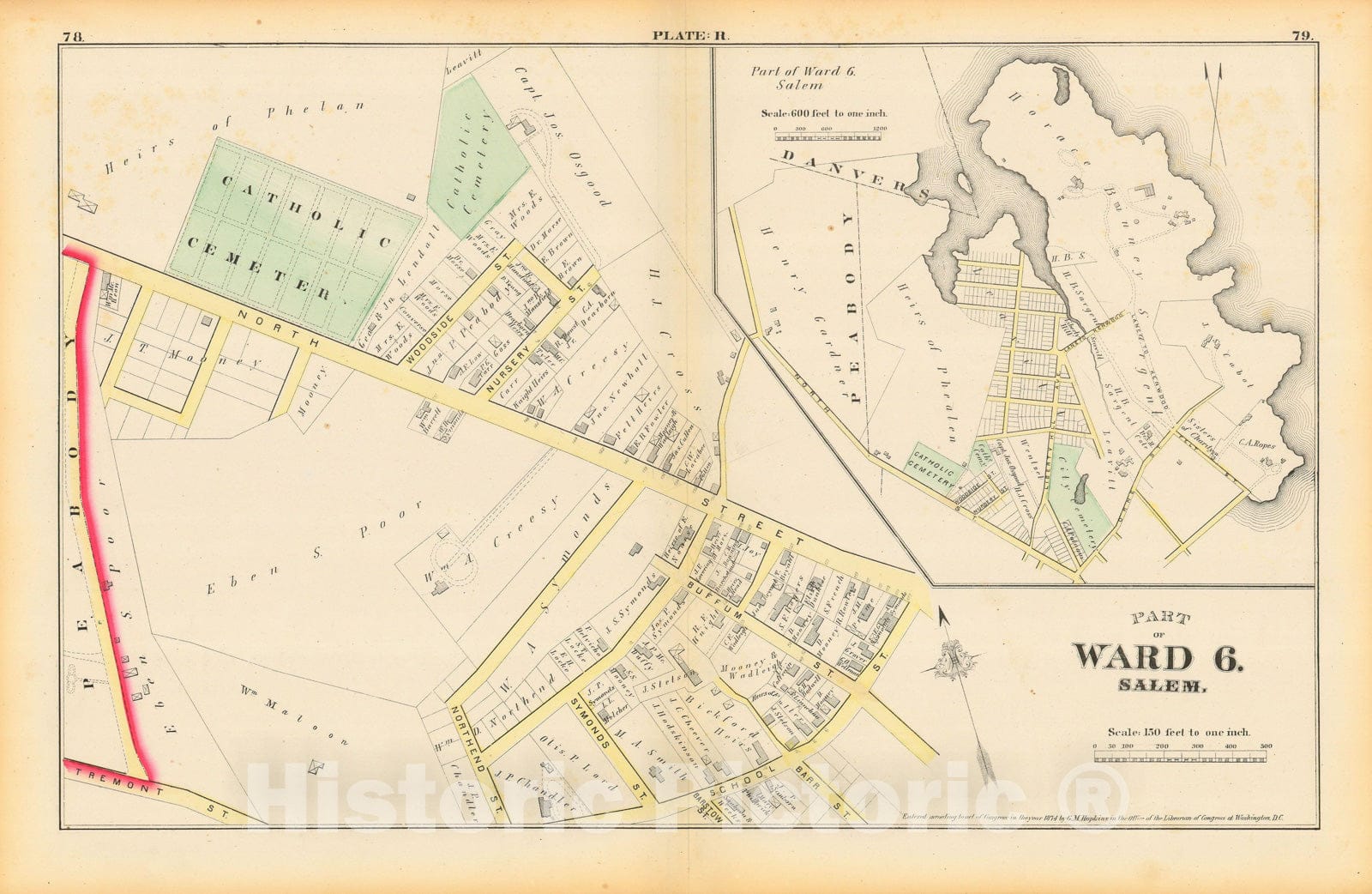 Historic Map : Atlas City of Salem, Massachusetts, Salem 1874 Plate R , Vintage Wall Art