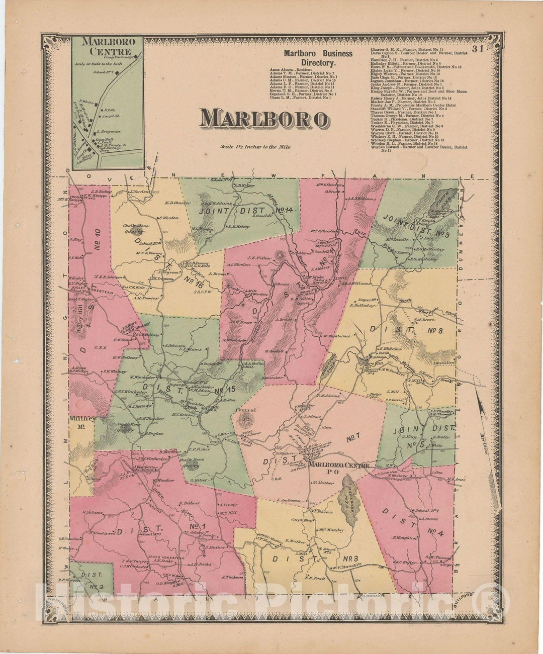 Historic Map : Atlas of Windham County, VT, Marlboro 1869 , Vintage Wall Art