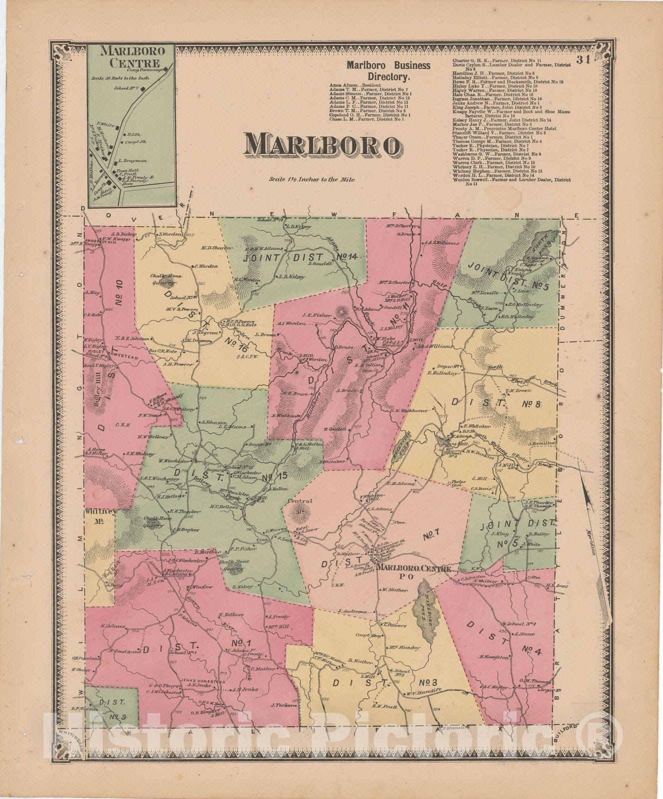 Historic Map : Atlas of Windham County, VT, Marlboro 1869 , Vintage Wall Art