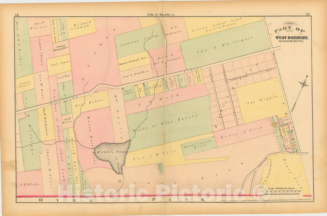 Historic Map : Atlas of County of Suffolk, MA, Vol. 5th, West Roxbury 1874 Plate L , Vintage Wall Art