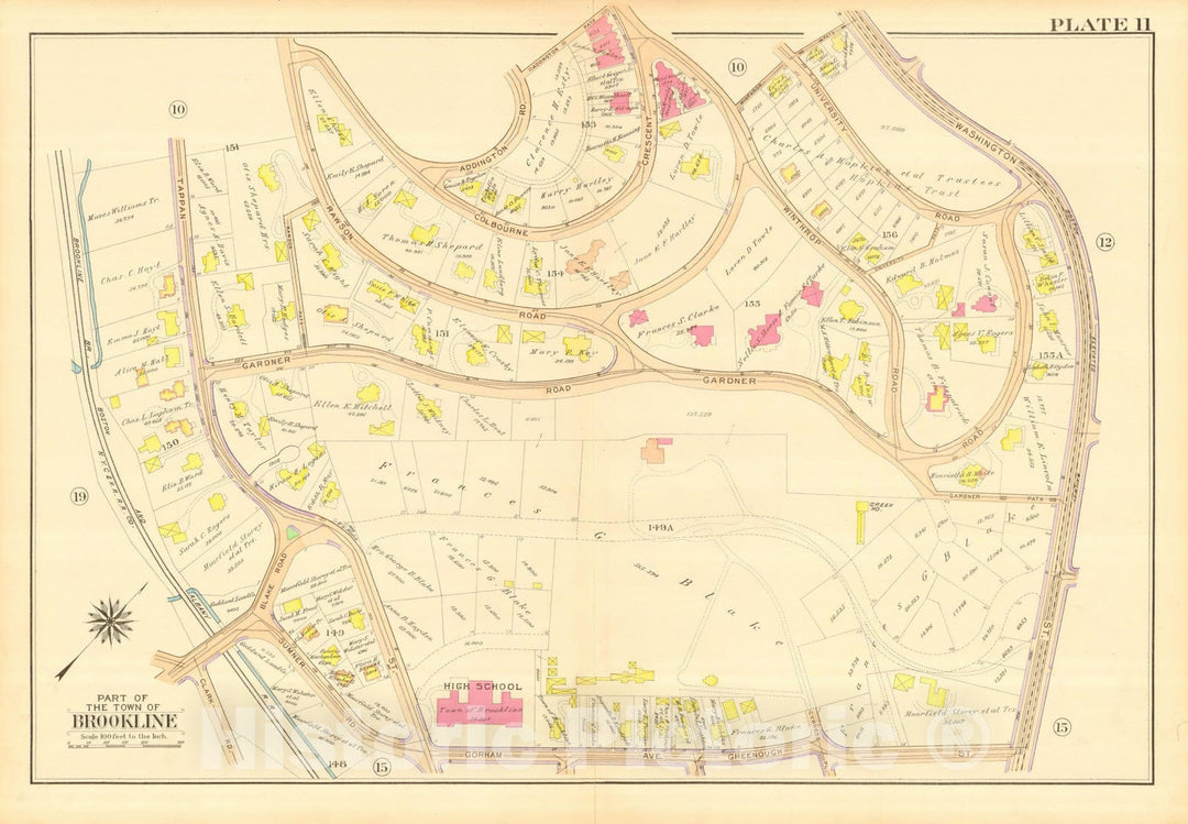 Historic Map : Atlas Town of Brookline, Norfolk County Massachusetts, Brookline 1913 Plate 011 , Vintage Wall Art
