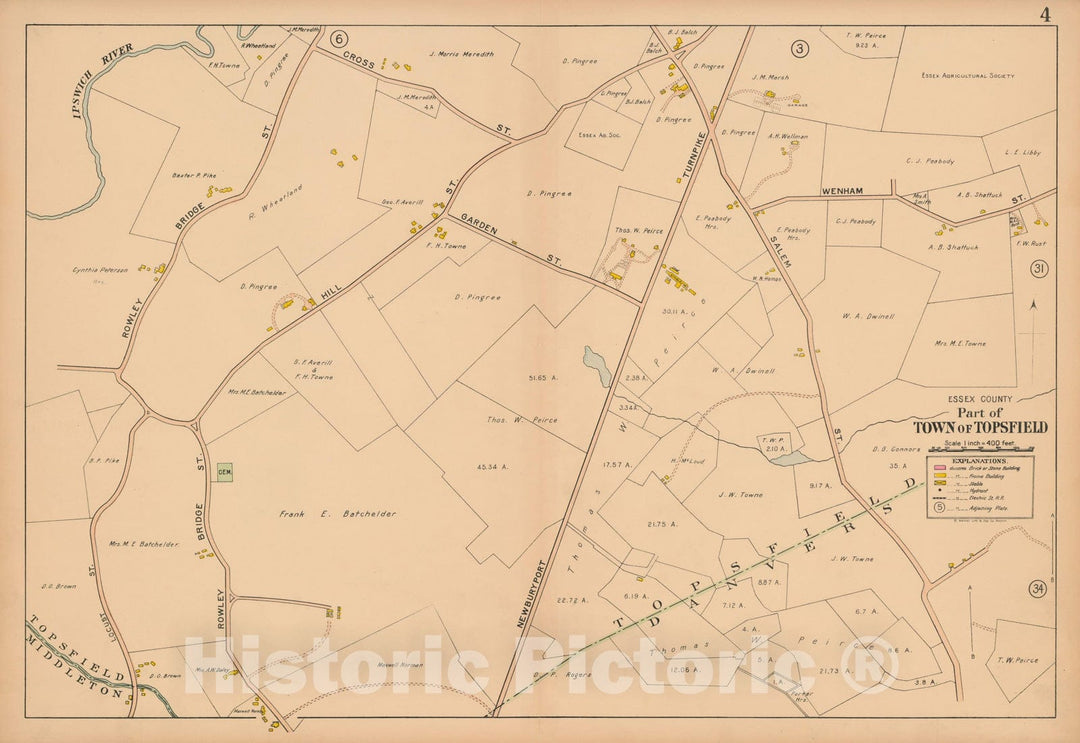 Historic Map : Atlas Towns of Topsfield, Ipswich, Essex, Hamilton and Wenham, Essex County, MA, Topsfield 1910 Plate 004 , Vintage Wall Art