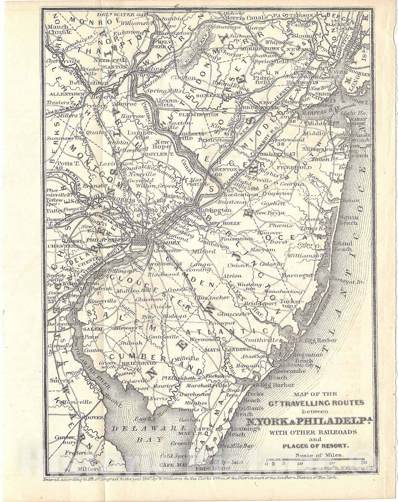 Historic Map : Railroad Maps of the United States, New Jersey 1848 , Vintage Wall Art