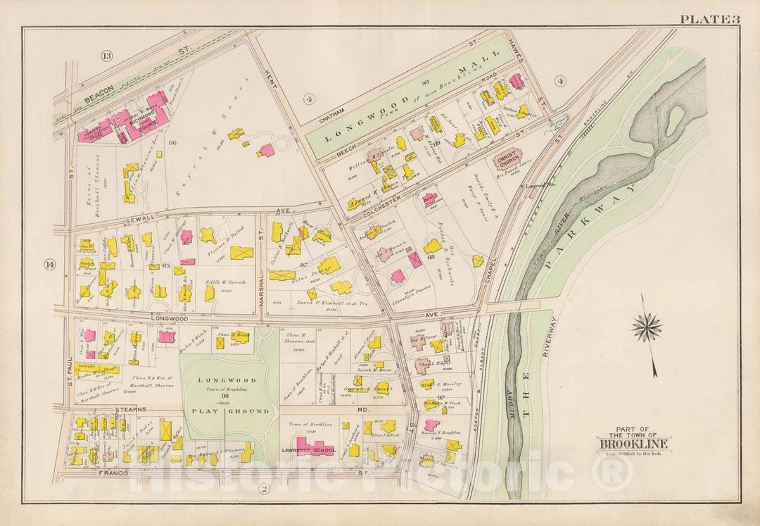 Historic Map : Atlas Town of Brookline, Brookline 1907 Plate 003 , Vintage Wall Art