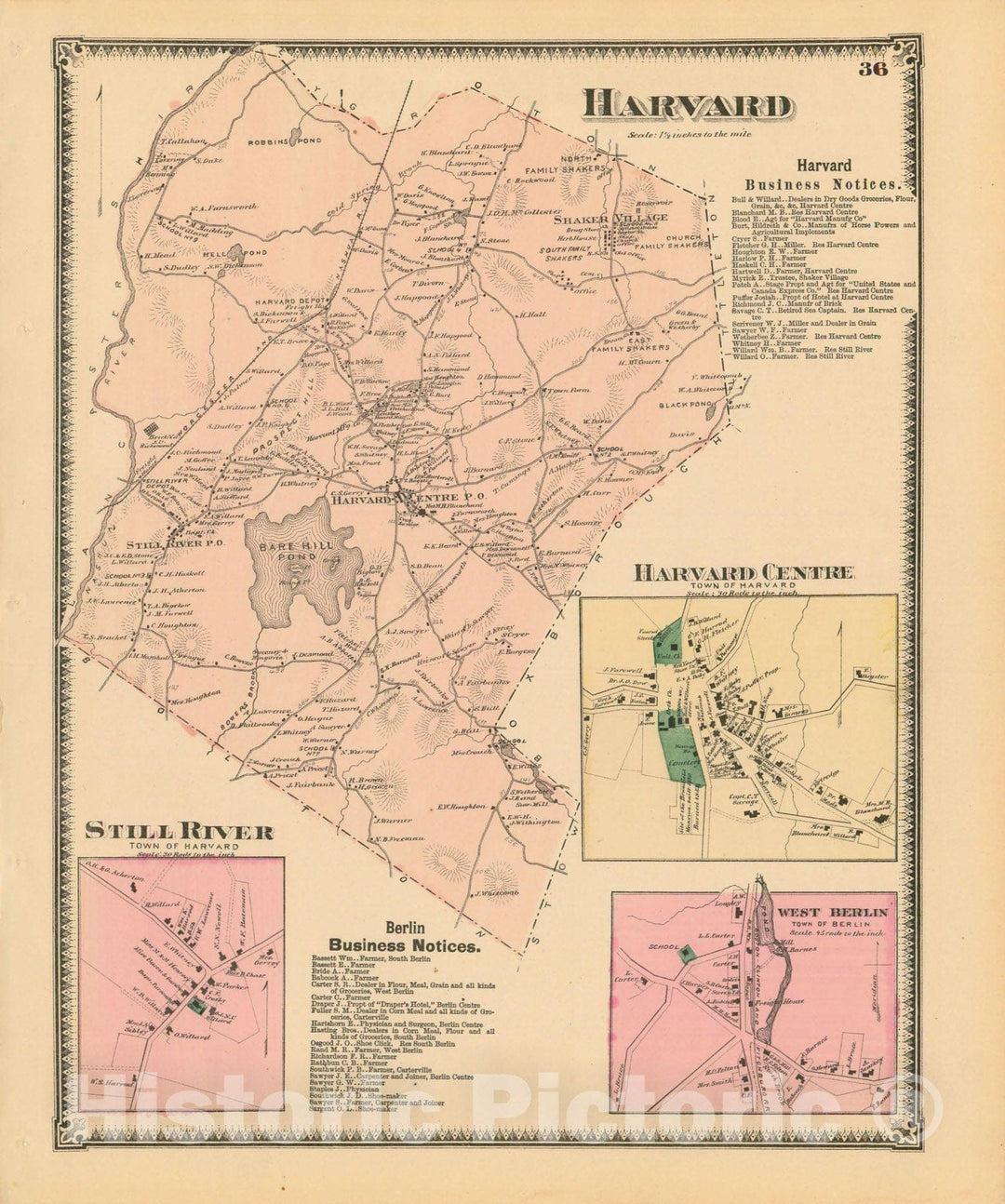 Historic Map : Atlas of Worcester County, Massachsuetts, Harvard 1870 , Vintage Wall Art