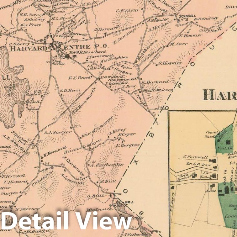 Historic Map : Atlas of Worcester County, Massachsuetts, Harvard 1870 , Vintage Wall Art