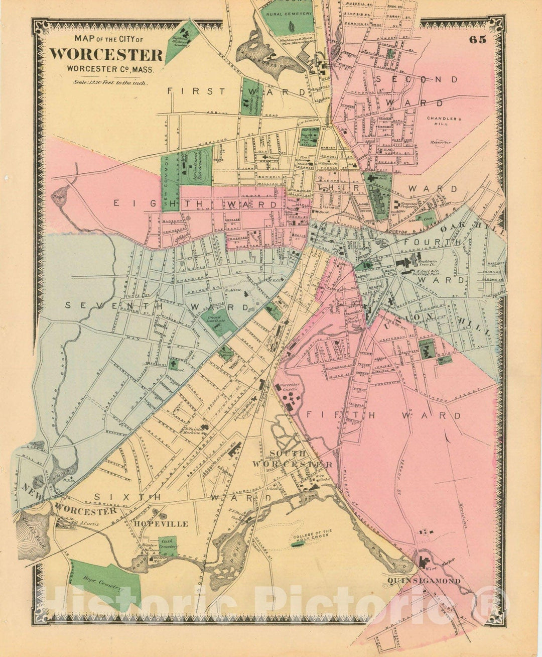 Historic Map : Atlas of Worcester County, Massachsuetts, Worcester 1870 , v3, Vintage Wall Art